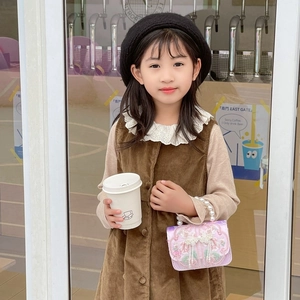 Cute girl's corduroy dress set with cartoon monkey crossbody bag and pearl handle