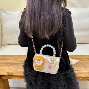 Cute monkey cartoon girl's handbag with pearls handle and golden chain strap