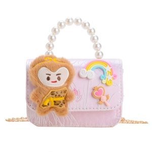 Pink satin monkey girl's handbag with pearl handle and rainbow charms for kids