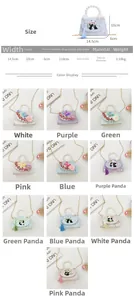 Size chart for mini crossbody bags with pearl handles and cute panda designs for kids