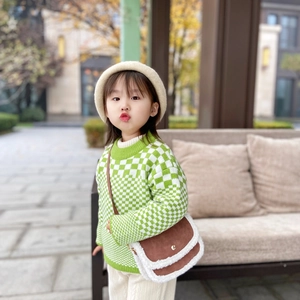 Kids green checkered knit sweater with brown suede crossbody bag and white beret