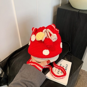 Kids Crochet Mushroom Shoulder Bag Handmade Knit Yarn Drawstring Bucket Crossbody Bag Cute Cartoon Purse For Toddlers