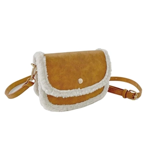 Brown faux leather kids crossbody bag with white sherpa trim and golden metal clasp