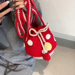 Cute crochet mushroom drawstring bucket bag for kids with red and white polka dots pattern