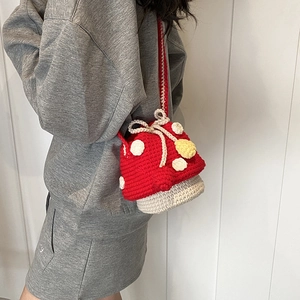 Cute handmade crochet mushroom drawstring crossbody bucket bag for kids and toddlers