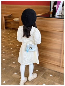 Toddler girl light blue crossbody bag with panda embroidery and pearl bead handle detail