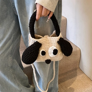 Handmade crochet kids crossbody bag with cute cartoon dog face and knitted strap