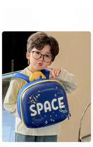 Detailed view of kids blue space backpack featuring 3D rocket prints and LED lights
