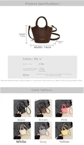 Detailed size specifications and color comparison for the mini PU leather bucket bag