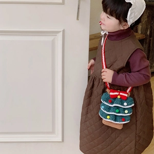 Handmade crochet Christmas tree shaped crossbody bag for kids with colorful pom-poms