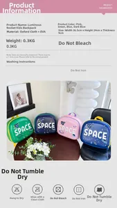Detail view of colorful rocket-themed kid backpacks with space patterns and LED light features