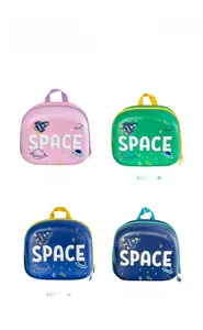 Space themed hardshell kids backpacks in four colors with rocket patterns and 3D text