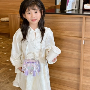 Girls purple embroidered handbag with pearl handle and bow tassel for parties