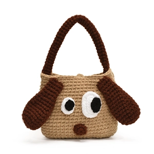 Cute crochet cartoon dog shoulder bag for kids in khaki and brown handmade knit