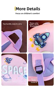 Detail view of pink space backpack featuring LED rocket, textured letters and adjustable strap