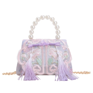 Mini Chinese style embroidered girls handbag with pearl handle, floral pattern and tassels
