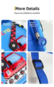 Détails du design de grue 3D et de la sangle réglable sur le sac bleu pour enfants