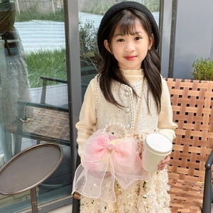 Girl's sweet tweed vest dress outfit with pink bow pearl handbag and knit top