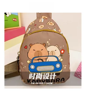 Detail of Capybara cartoon printed on brown canvas chest bag with adjustable strap