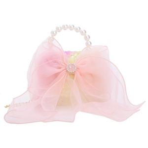 Cute girl's handbag featuring pink organza bow and white pearl handle with gold chain