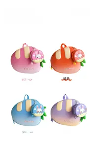 Four colors of cute hard shell cartoon rabbit backpacks for children in a 2x2 grid display