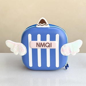 Detail of blue shell toddler backpack featuring sequined wings and dual zipper closure