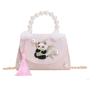 Pink sweet panda crossbody bag for girls with pearl handle and floral embroidery
