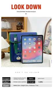 Detailed size chart of the blue and green nylon cartoon bear kids backpack with iPad scale
