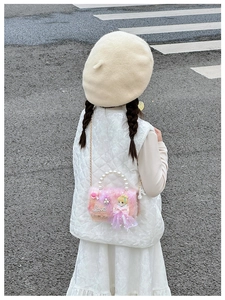 Sac bandoulière rose en peluche pour filles avec poignée en perles et poupée princesse