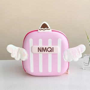 Close-up of pink toddler backpack with sequin wings and cute NMQI logo detail