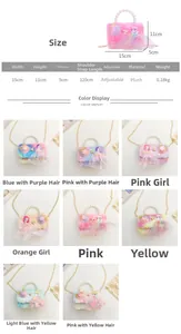 Detail view of mini plush princess handbag with pearl handle and cartoon character patches