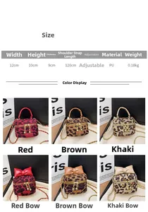 Detailed sizing guide and color options for leopard print mini bucket bag with chain