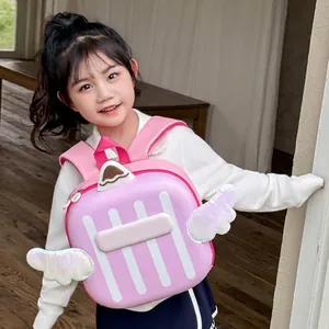 Pink hardshell toddler backpack with sequin wings and cute letter details on white stripes