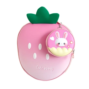 Cute pink strawberry kids backpack with 3D green leaves and small rabbit round pouch