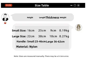 Size chart for nylon dumpling bags showing dimensions and weight for small and large sizes