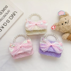 Sac À Main Mini Princesse Pour Enfants PU Maille Nœud Poignée Künstliche Perle Décor Coquillage Sac Bandoulière Filles Mode