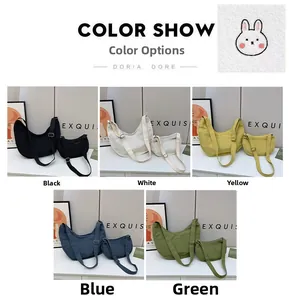 Canvas crescent bags in five colors with adjustable straps and cute bunny embroidery detail