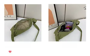 Macro shot of green nylon dumpling bag interior with brown lining and spacious capacity