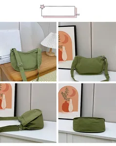 Green crescent hobo bag for kids shown from four angles with adjustable strap and zipper
