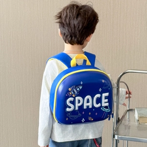 Navy blue space rocket hard shell backpack for kids with colorful cartoon planet illustrations