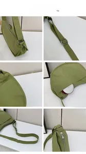 Detailed views of avocado green nylon crossbody bag showing strap, zipper and capacity