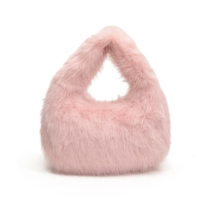 Sac à main en fausse fourrure rose avec une texture pelucheuse et une poignée intégrée