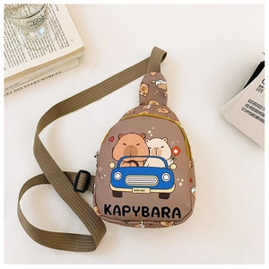 Detail view of khaki capybara crossbody bag with cute printed cartoon and durable strap