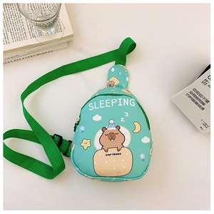 Detail of mint green capybara kid's chest bag with adjustable strap and cute print