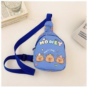 Detail of blue cartoon capybara kids crossbody bag with adjustable strap and honey print