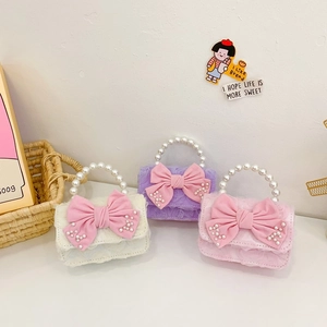 Kids Girls Princess Crossbody Bag Artificial Pearl Handle Mesh Lace Bow Sweet Lolita Fashion Shoulder Handbag