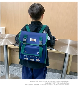 Detail of cartoon bear kids backpack with navy and green contrast and double buckles