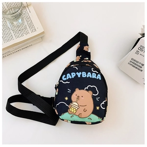 Close-up of black Capybara crossbody bag with adjustable strap and cute cartoon print