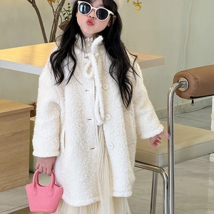 Fashionable kids cream white fleece coat with button closure and warm collar design