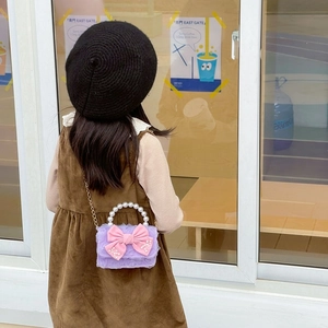 Sweet princess purple lace crossbody bag with pink bow and pearl handle for girls